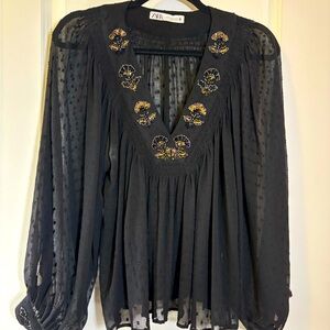 Zara sheer polka dot pheasant top with embellished neckline